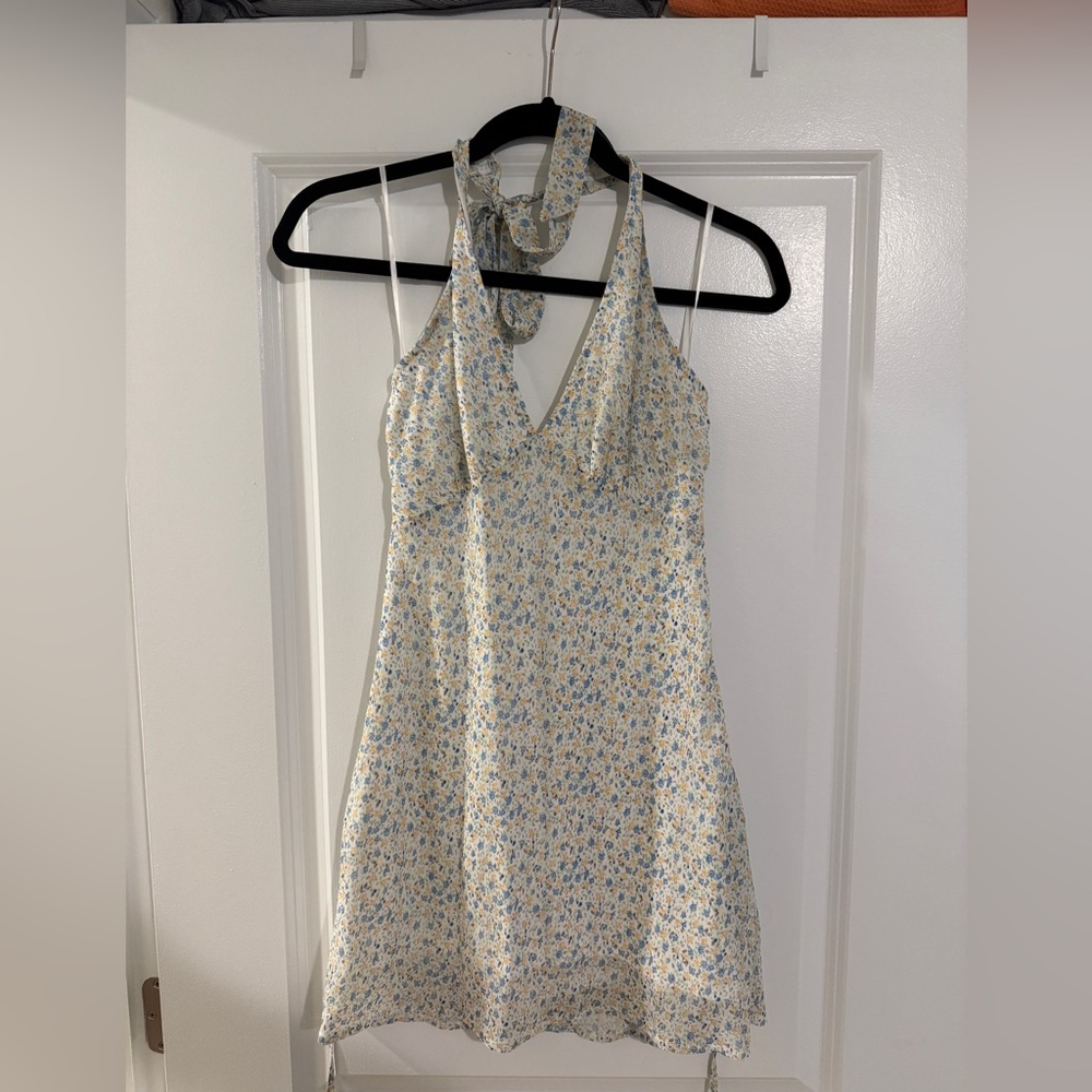 Princess Polly Floral Halter Dress - Cream and Blue